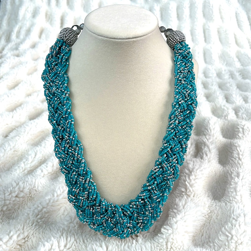 NWT Vintage 90s Beaded Braided Necklace in Teal and Silver